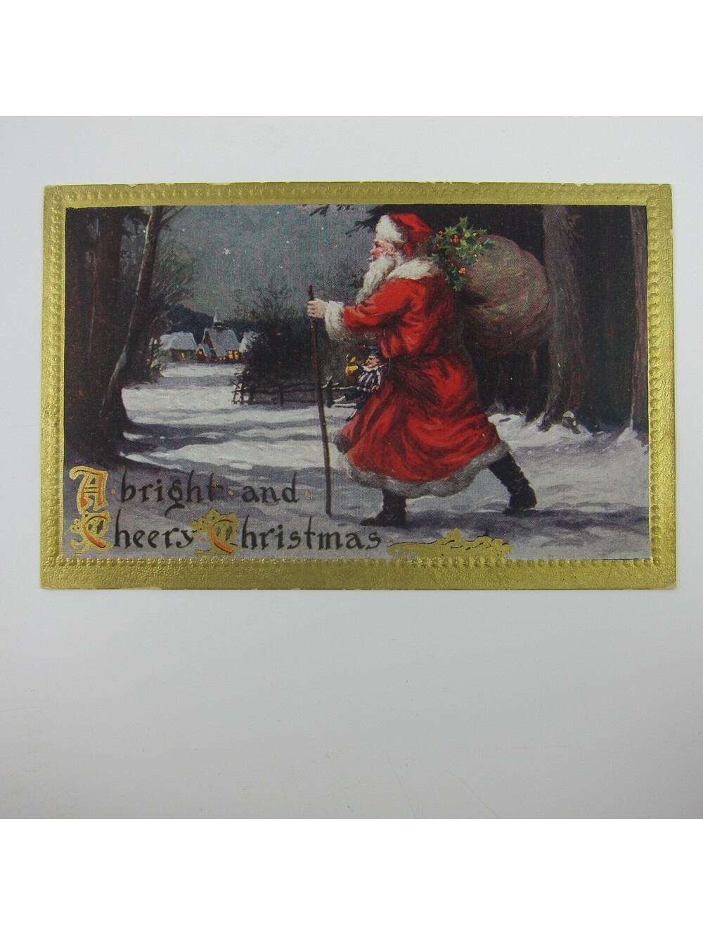 Vintage Christmas Postcard Old World Santa Toy Sack Snow Gold Embossed Antique